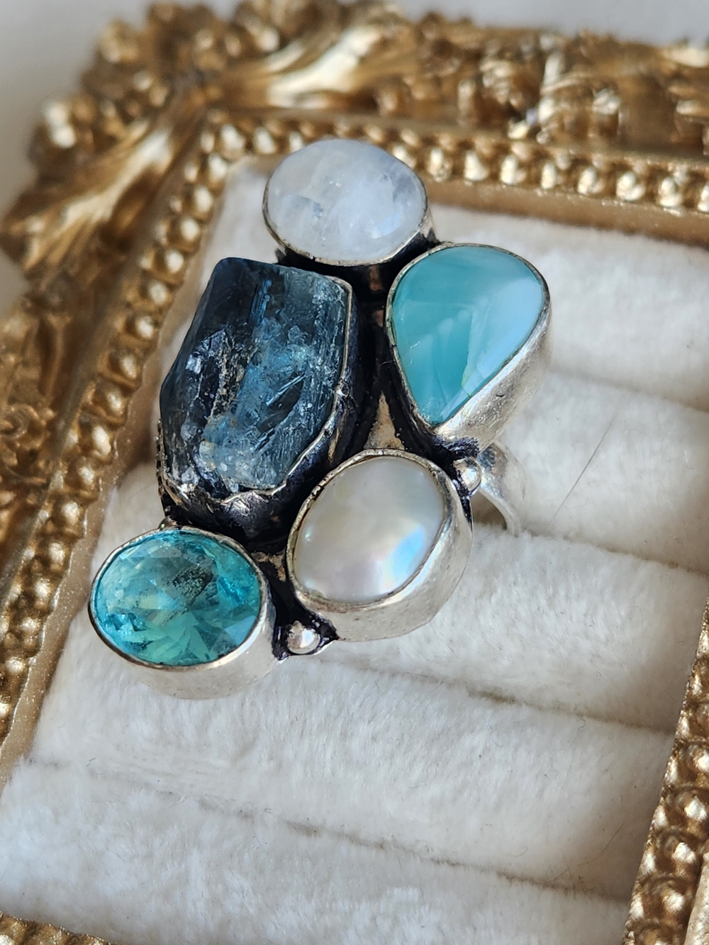 Vtg 925 Sterling Silver Multi Gemstone Cluster Ring Moonstone Larimar Kyanite 8 - Picture 3 of 7